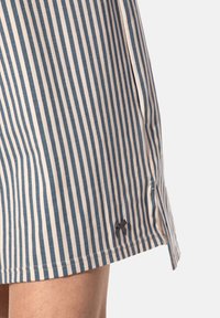 Gestreepte katoenen shorts in beige en blauw. Kenmerken verticale strepen, een lichte zijspleet en een kleine donkere strikaccent nabij de zoom.