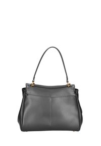 Borsa a tracolla nera in pelle con un design strutturato, doppio manico superiore e dettagli in metallo dorato. Texture liscia con cuciture decorative sul davanti.