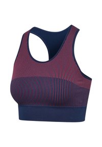 Sport-BH mit marineblauen und roten Streifen, Racerback-Design und breitem elastischem Bund für Halt.