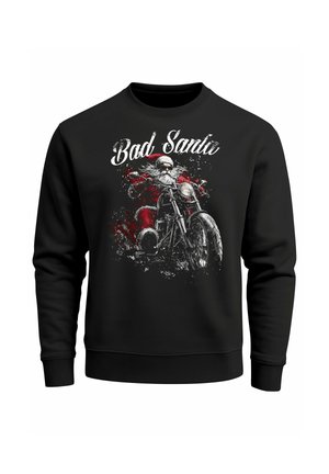 Black sweatshirt featuring a graphic of Santa on a motorcycle, red accents, and “Bad Santa” text in a bold, white font.