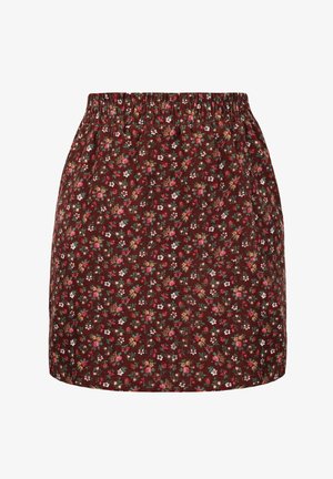Jupe courte bordeaux avec taille élastique ornée d'un petit motif floral rose, blanc et orange.