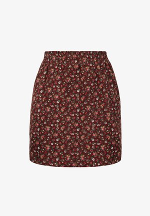 Jupe courte bordeaux avec taille élastique ornée d'un petit motif floral rose, blanc et orange.