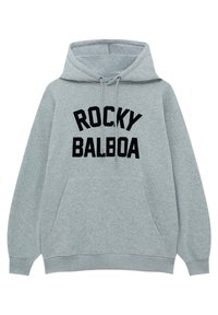Sweat à capuche gris avec poche avant et texte noir "ROCKY BALBOA" imprimé sur la poitrine.