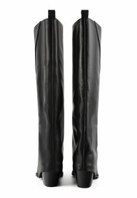 Tall black leather boots with a smooth texture, featuring a slight heel, pull tabs at the top, and vertical seams on the outer sides.