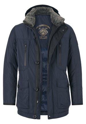 Navy insulated jacket with a zip and button closure, featuring a faux fur-lined hood, multiple pockets, and a quilted interior.