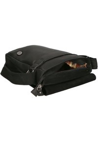 Borsa a tracolla nera in pelle con compartimento principale con zip, finitura testurizzata, tracolla regolabile e dettagli in plaid all'interno.