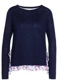 Marinblå långärmad topp i stickat tyg med blommönstrad fåll och sidosnören. Lättviktig textur med avslappnad passform.