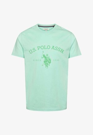 Licht mintgroen katoenen T-shirt met korte mouwen, ronde hals en een voorkantprint met "U.S. Polo Assn." en een ontwerp van een polowedstrijd.