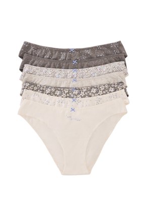 Five pairs of women's panties in various colors: dark gray, light gray, beige, and floral patterns. Features ruffled waistbands and accents.