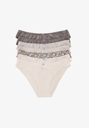 Five pairs of women's panties in various colors: dark gray, light gray, beige, and floral patterns. Features ruffled waistbands and accents.