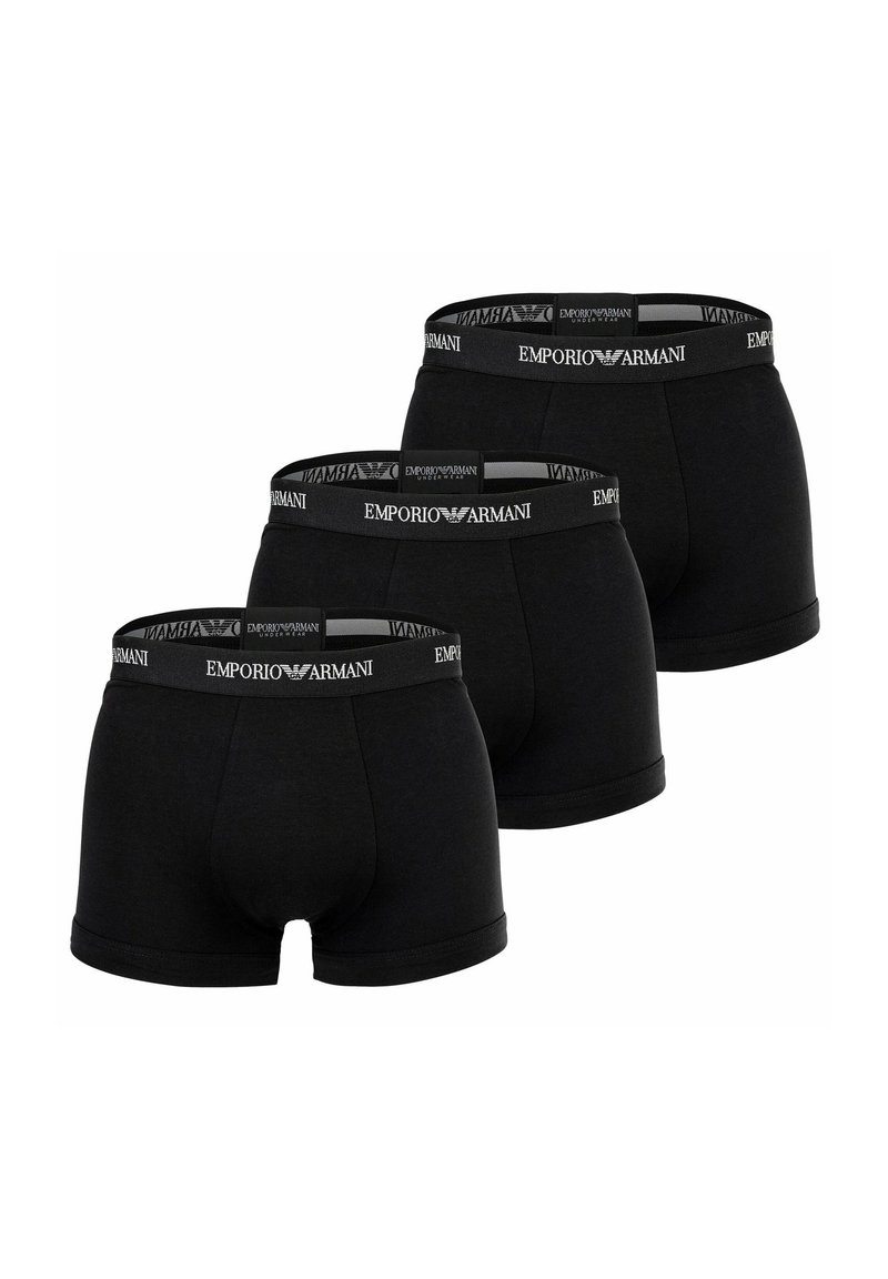 Tri para črnih boksarskih spodnjic s mehko elastično elastiko s logotipom "EMPORIO ARMANI", izdelanih iz gladkega, raztegljivega materiala.