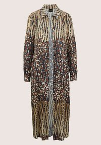 Langer, transparenter Kimono mit unterschiedlichen Mustern aus braunen und schwarzen Streifen, floralen Motiven und einem leichten Stoff. Verfügt über einen kragenförmigen Ausschnitt und gefütterte Ärmel.