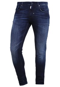 Jeans de mezclilla azul oscuro con corte ajustado, con acentos desgastados, diseño de cinco bolsillos y cierre de botón de metal. La tela parece suave y ligeramente texturizada.