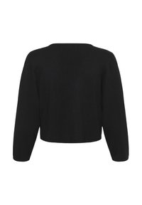 Schwarzer, langärmeliger, kurz geschnittener Strickpullover mit geradem Saum und weitem Rundhalsausschnitt, von hinten gezeigt.