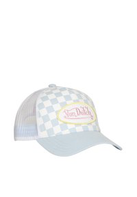 Casquette à carreaux bleu et blanc avec un dos en maille. Présente un patch ovale jaune avec le logo rose "Von Dutch". Visière courbée, taille ajustable.