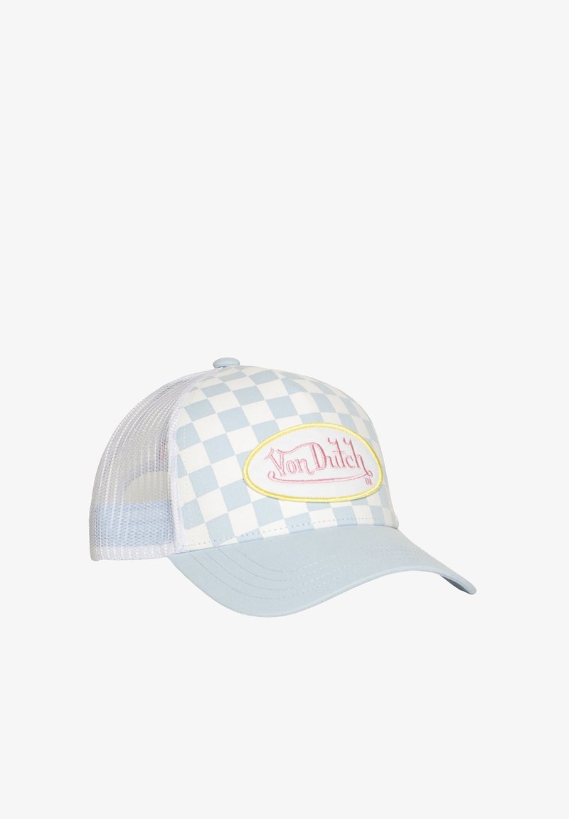 Casquette à carreaux bleu et blanc avec un dos en maille. Présente un patch ovale jaune avec le logo rose "Von Dutch". Visière courbée, taille ajustable.