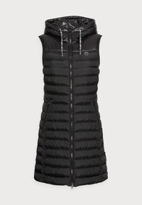 Czarna, bezrękawnikowa kamizelka puchowa z kapturem, pikowana, z przednim suwakiem i regulowanymi sznurkami; posiada dwie boczne kieszenie.