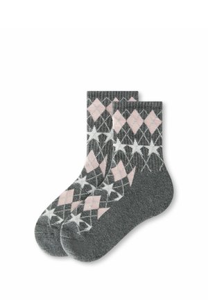 Coppia di calzini grigi con motivi a diamante e stella argyle rosa e bianchi, polsini a coste e tessuto morbido lavorato a maglia.