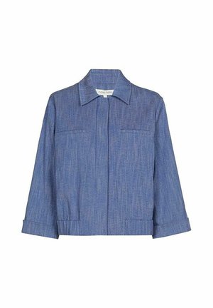 Blauwe spijkerjack met kraag, twee voorzakken en een rechte snit. Voorzien van opgerolde manchetten en een gestructureerde stof.