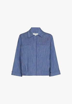 Blauwe spijkerjack met kraag, twee voorzakken en een rechte snit. Voorzien van opgerolde manchetten en een gestructureerde stof.