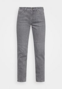 Grijze denim jeans met een rechte pasvorm, vijf zakken en een subtiele textuur. Voorzien van een knoop sluiting en contrasterende stiksels.