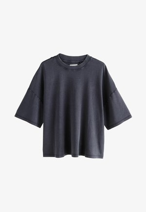 Dark gray oversized t-shirt with short sleeves, round neckline, and smooth cotton-like texture. Minimalist design, no patterns or accents.