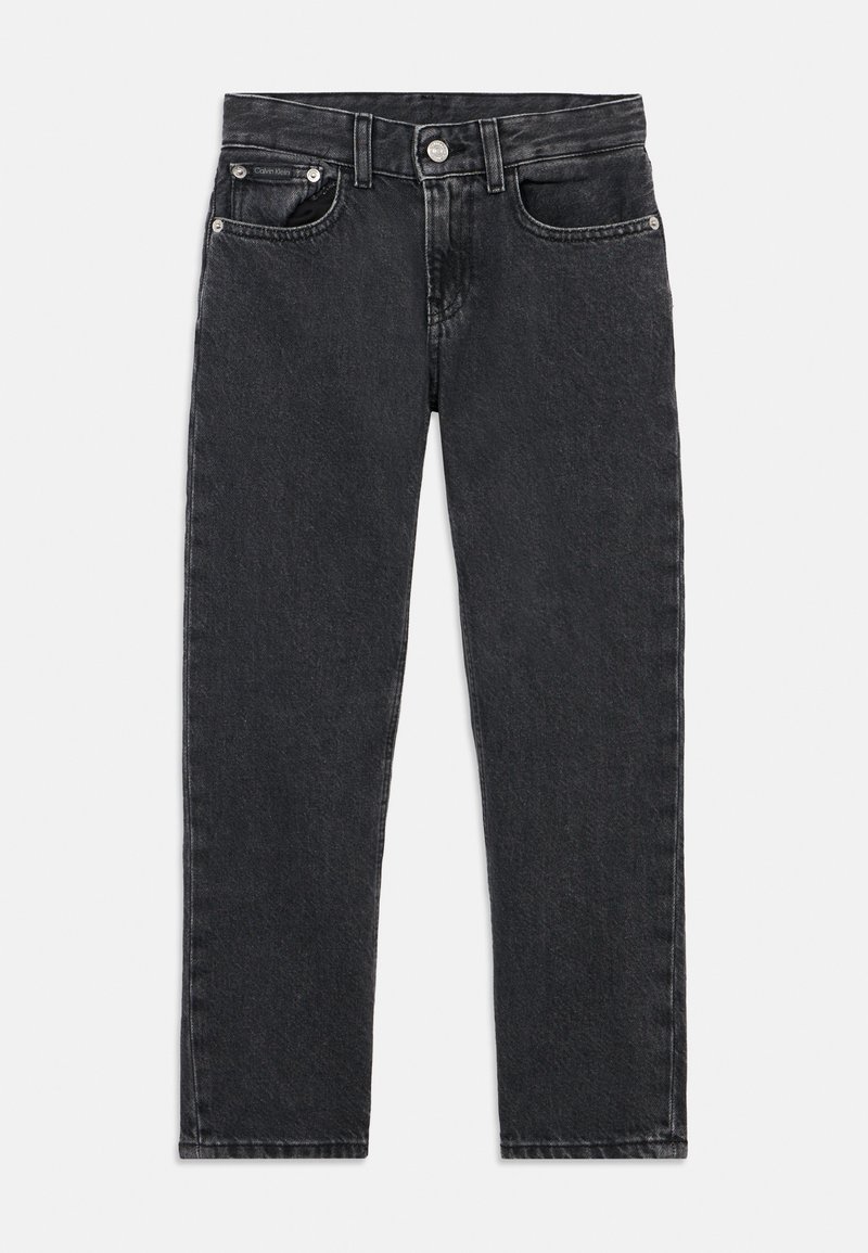 Jeans de ganga pretos com um design clássico de perna reta, estilo de cinco bolsos e desbotamento subtil. Detalhes de metal na cintura.