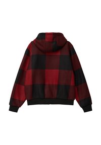 Red and black plaid hoodie with a relaxed fit, featuring a drawstring hood and black ribbed cuffs and hem. Soft texture, casual design.