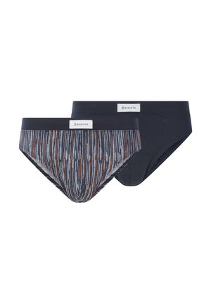 Zwei Paare Herrenunterhosen aus dunkelblauem Baumwollmaterial. Eine hat ein Muster aus vertikalen Streifen in Rot und Weiß, die andere ist einfarbig dunkelblau.
