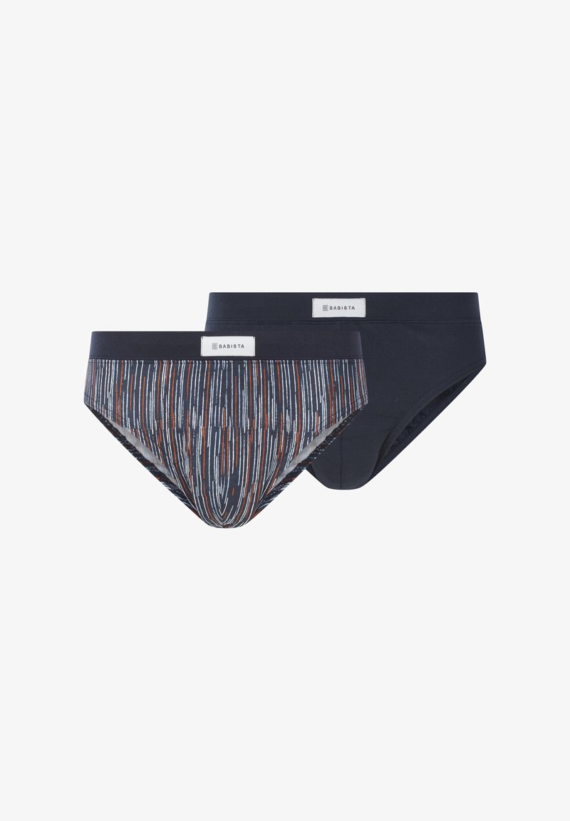 Two pairs of men's briefs in dark blue cotton. One features a pattern of vertical stripes in red and white, the other is solid dark blue.