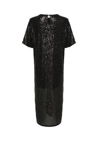 Svart paljettklänning med korta ärmar, knälång klippning och en nyckelhålsdetalj på ryggen. Har en texturerad yta av paljetter.