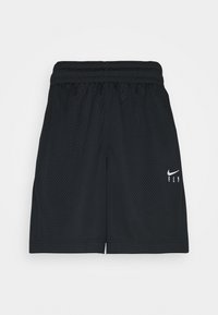 Svarta nätaktiga träningsshorts med elastisk midja och en vit Nike-logotyp. Har en avslappnad passform och andningsbart material.