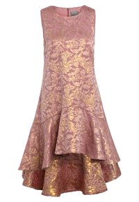 Robe avec un motif floral rose, design en couches, accents dorés et encolure arrondie. Fermeture éclair au dos et tissu texturé.