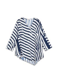 Blouse à col en V en tissu léger avec rayures bleues et blanches horizontales et verticales, manches trois-quarts et ourlet asymétrique.