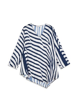 V-hals blouse van lichtgewicht stof met horizontale en verticale blauw-witte strepen, driekwart mouwen en een asymmetrische zoom.