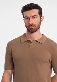 Hnědé polo tričko s krátkým rukávem vyrobené z texturované tkaniny, s klasickým límečkem a tříknoflíkovou légou.