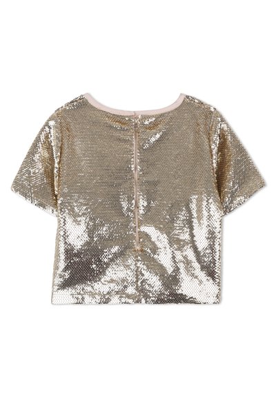 Top corto a maniche corte in paillettes dorate con scollatura rotonda e zip centrale sul retro, dotato di una fodera beige liscia.