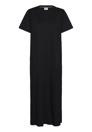 Čierne maxi šaty vyrobené z mäkkej bavlnenej tkaniny, s okrúhlym výstrihom a krátkymi rukávmi. Hladká textúra s voľným strihom a bez vzorov.