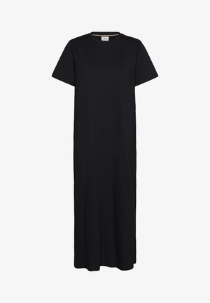 Vestido largo negro de algodón suave, con un escote redondo y mangas cortas. Textura lisa con un ajuste relajado y sin estampados.