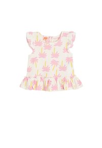 Vit topp med rosa palmträdsmönster och gula accenter, med korta volangärmar och en fransad fåll. Lättvikts ribbad textur.