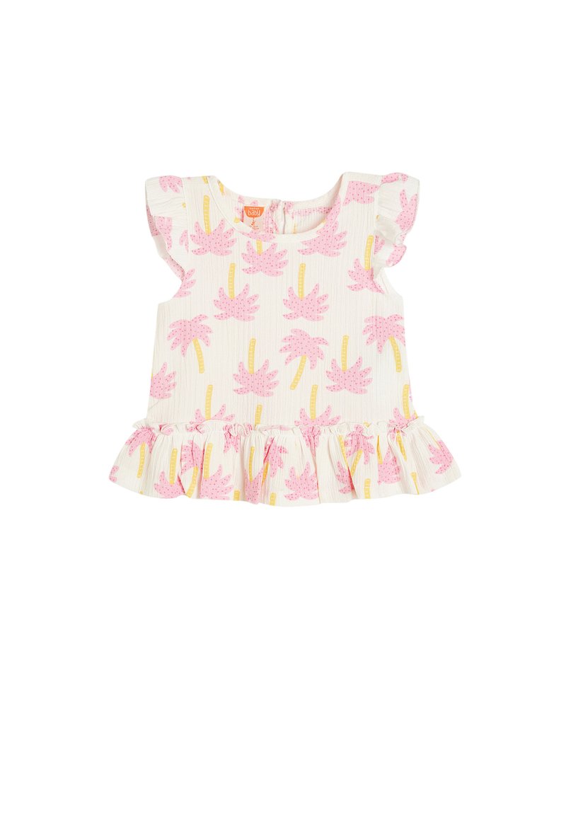 Vit topp med rosa palmträdsmönster och gula accenter, med korta volangärmar och en fransad fåll. Lättvikts ribbad textur.