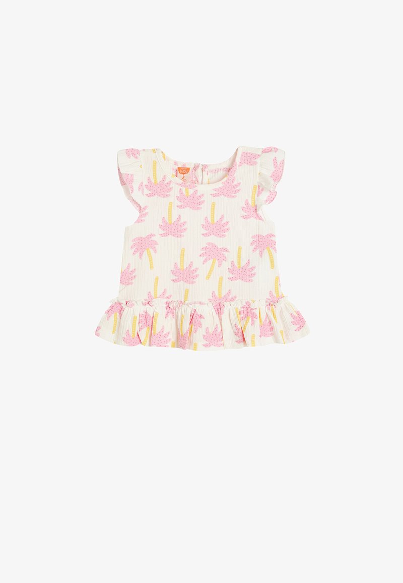 Hvid top med pink palme mønster og gule accenter, med korte volangerærmer og en bølget kant. Letvægts ribbet tekstur.