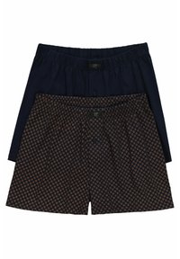Set di boxer realizzati in un colore solido blu navy e con un design scuro a fantasia con piccoli diamanti marroni. Vita elastica e dettagli con chiusura a bottone.