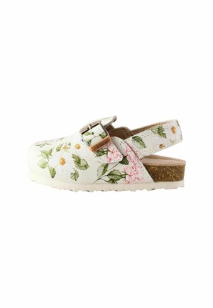 Hvid blomstertræsko med grønne blade og lyserøde blomster, med kobber spænde og korksål med justerbar hælstrop.