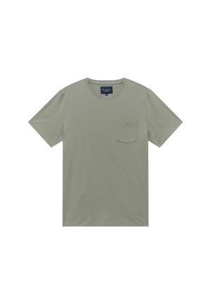 Olive green t-shirt made of cotton, featuring short sleeves, a round neckline, and a chest pocket with a small label detail.