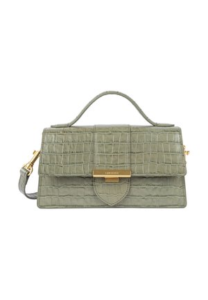 Borsa a mano in pelle sintetica verde con texture a coccodrillo, chiusura a pattina e dettagli in oro. Inclusa una tracolla regolabile.