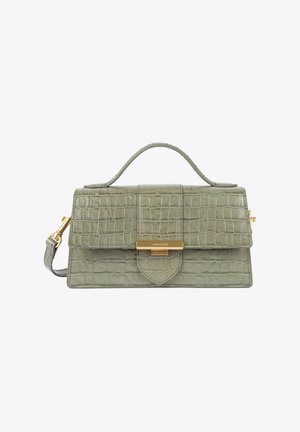 Borsa a mano in pelle sintetica verde con texture a coccodrillo, chiusura a pattina e dettagli in oro. Inclusa una tracolla regolabile.