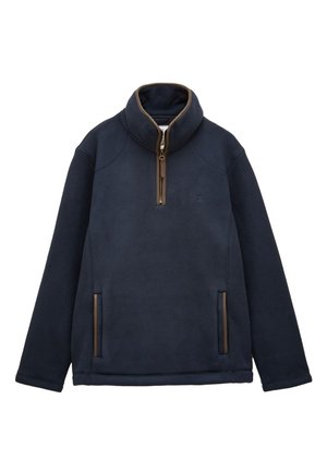 Pull en polaire bleu marine avec col montant, détail de fermeture éclair marron sur la poitrine et les poches, manches longues et texture de tissu douce.