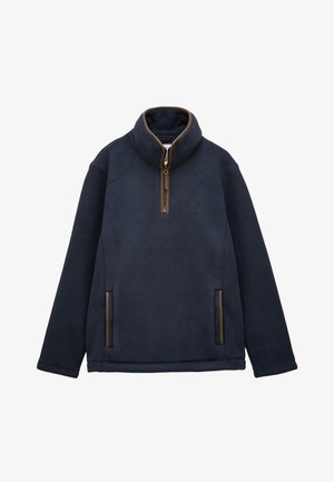 Pull en polaire bleu marine avec col montant, détail de fermeture éclair marron sur la poitrine et les poches, manches longues et texture de tissu douce.