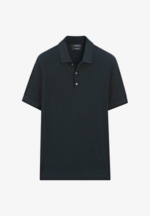 Tmavě pletená polokošile s krátkými rukávy, se strukturovaným vzorem, tříknoflíkovým límcem a límečkem na ravno.